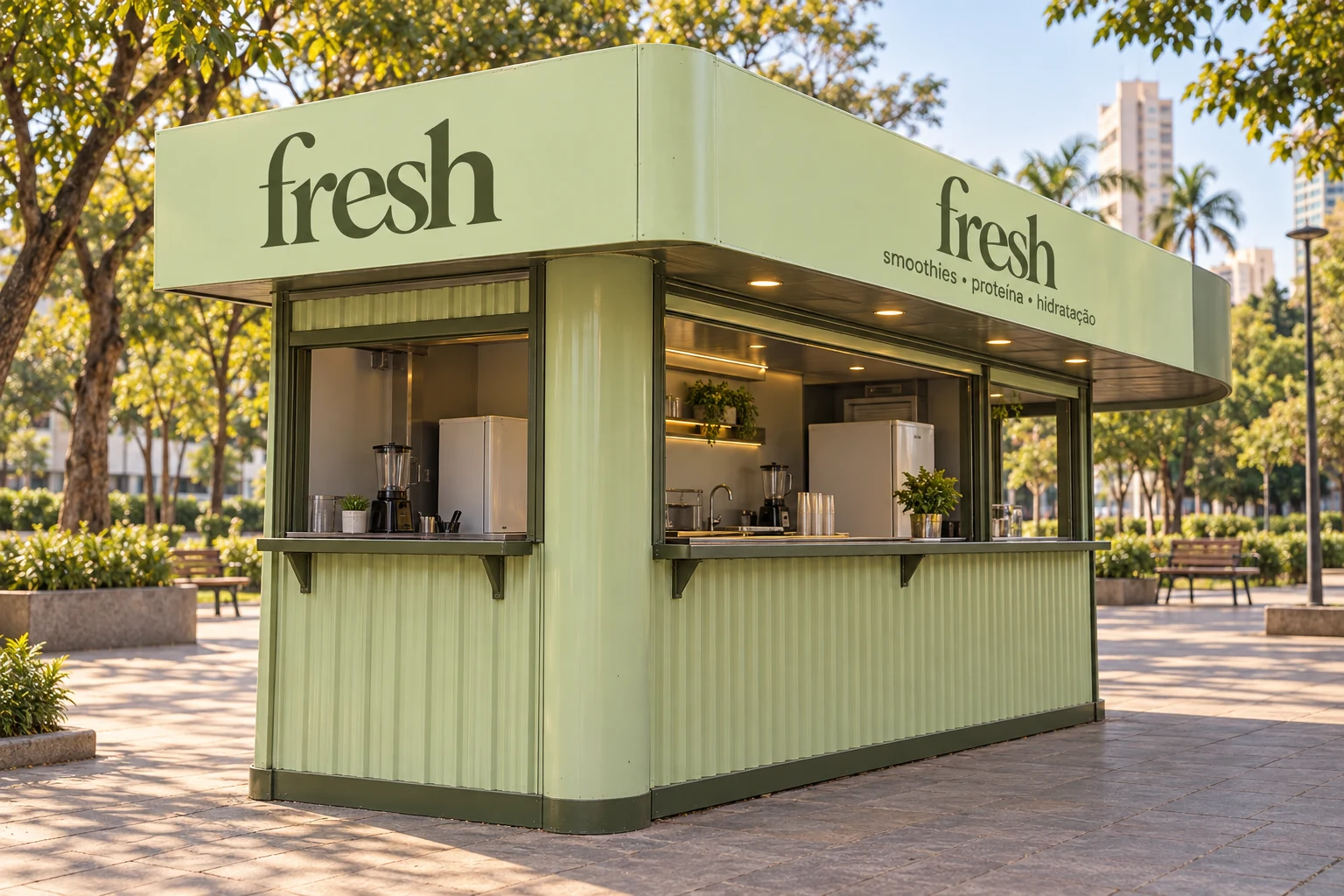 Simulação do container fresh em uma praça arborizada, com pintura pistache e marca oliva