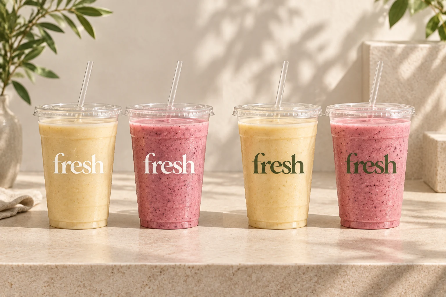 Copos transparentes fresh com smoothies claros e de frutas vermelhas