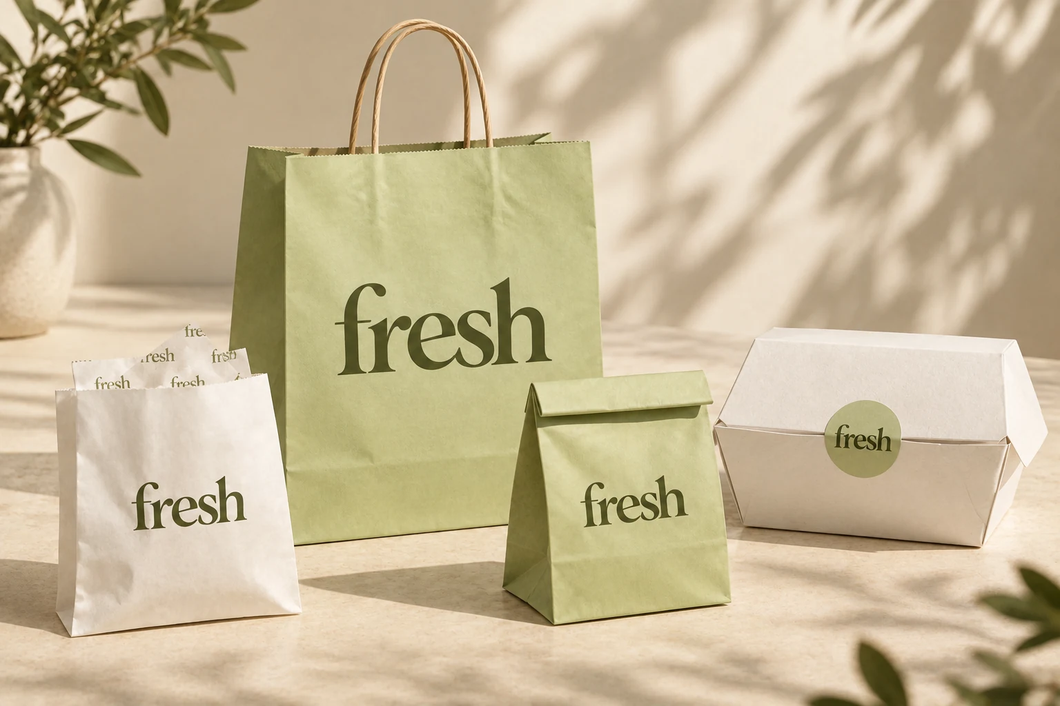 Sacolas e embalagens da marca fresh em pistache e oliva