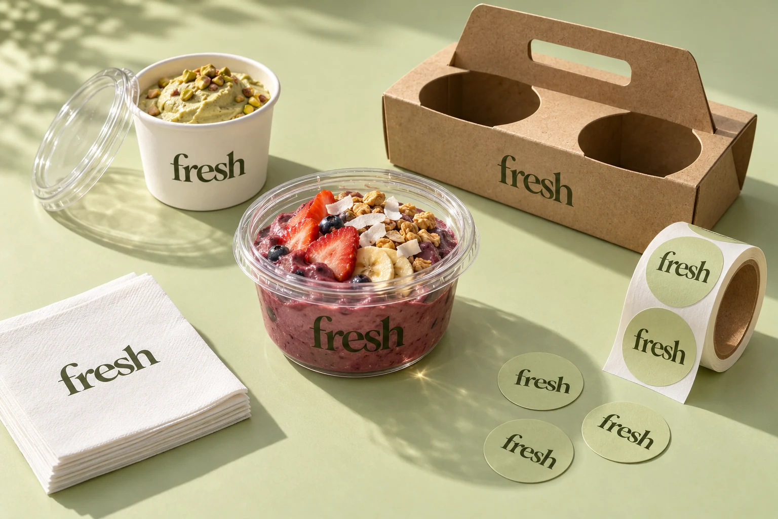 Mockup fresh de sobremesa de frutas, potes e etiquetas